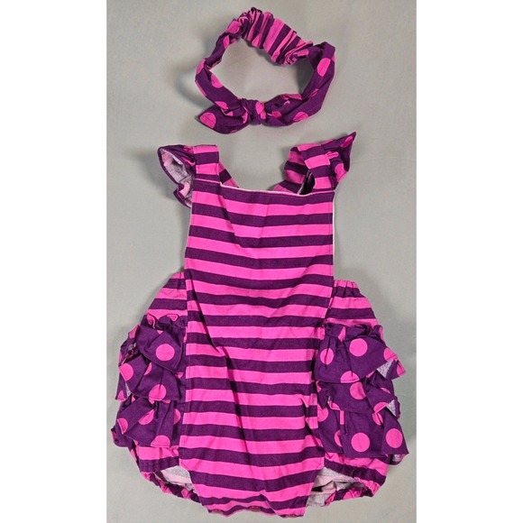 Other - Cheshire Cat Purple Pink Striped Polka Dot Ruffle Romper Baby Girls 18-24M